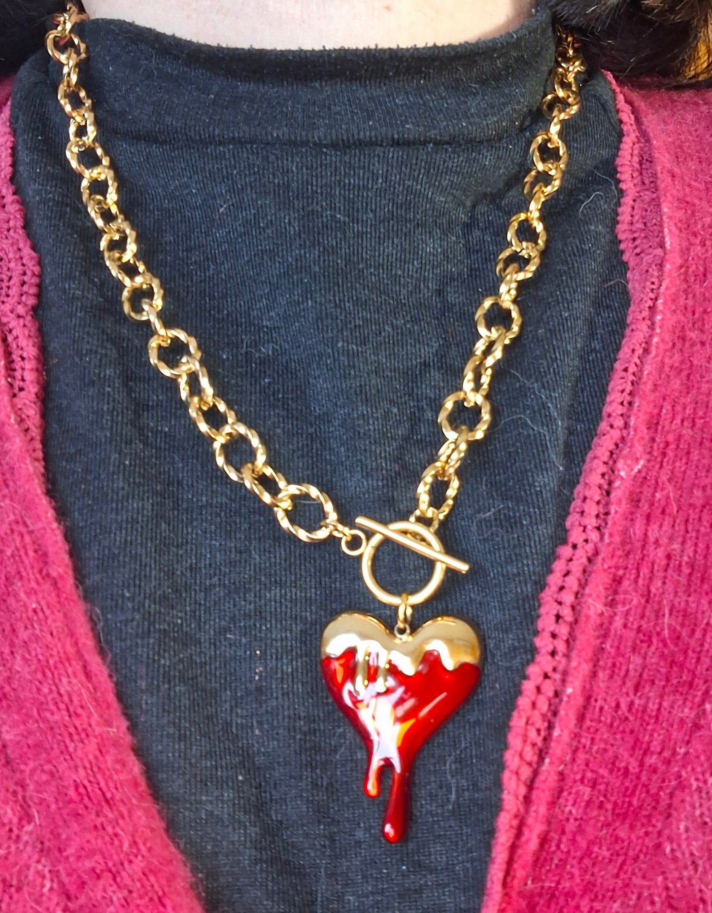 Collier chaîne dorée acier inoxydable stainless steel grand pendentif coeur stainless steel Fermoir toggle