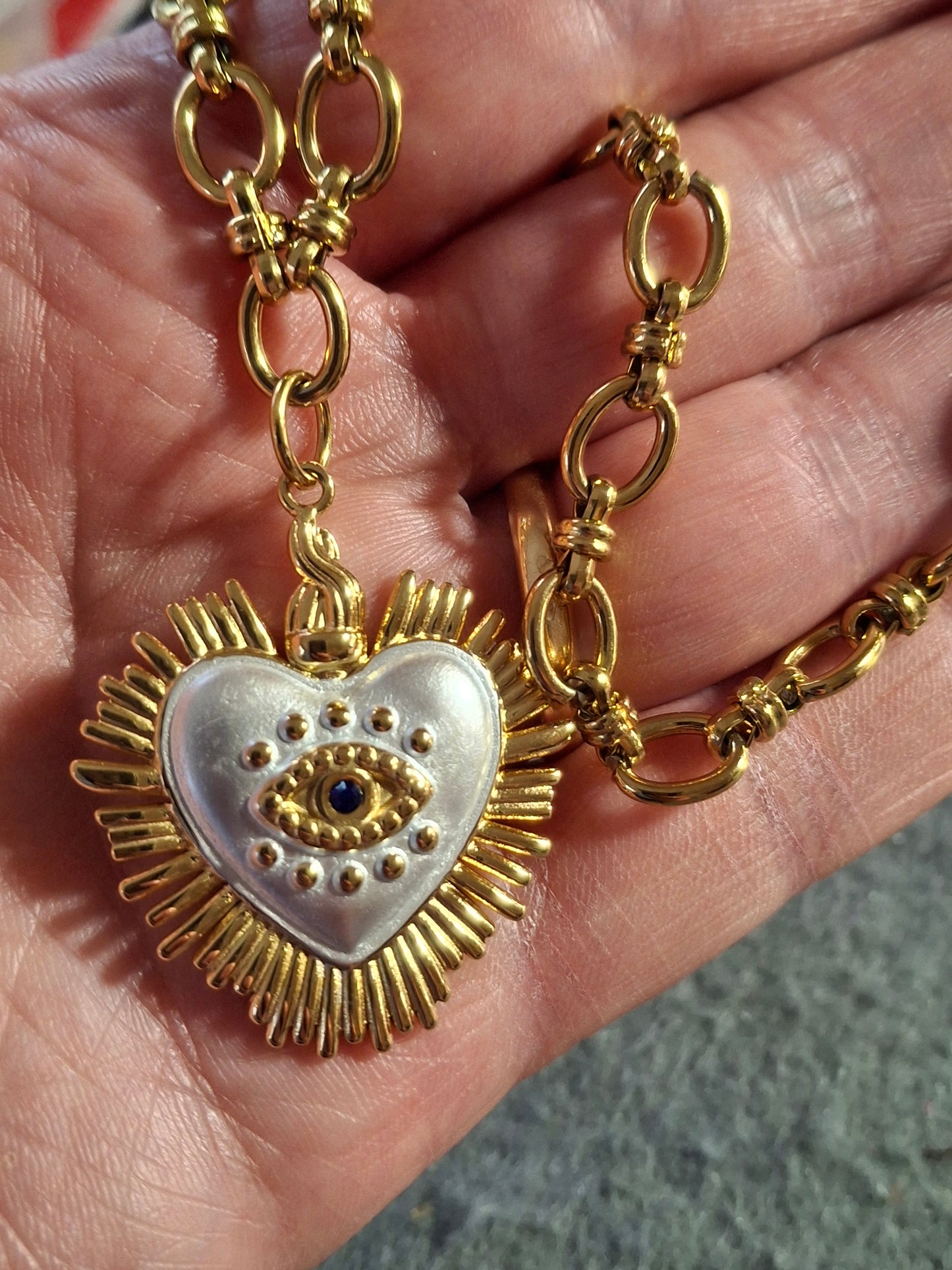 Collier chaîne maille gourmette stainless steel 316 grand cœur rétro stainless steel 316 email blanc œil de Turquie