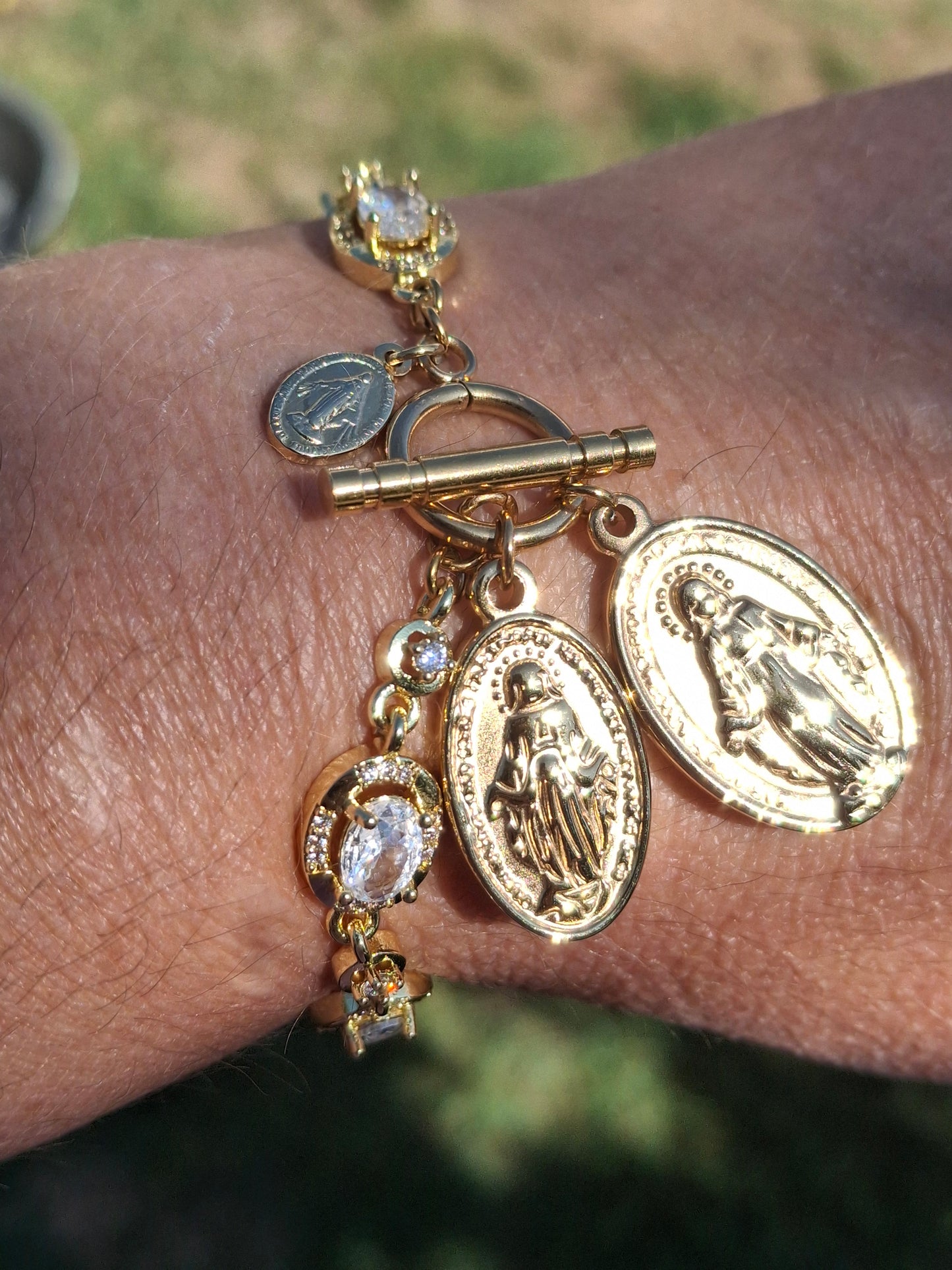 Bracelet maille gourmette stainless steel cristal fermoir toggle médaille madone stainless steel 316 poli handmade