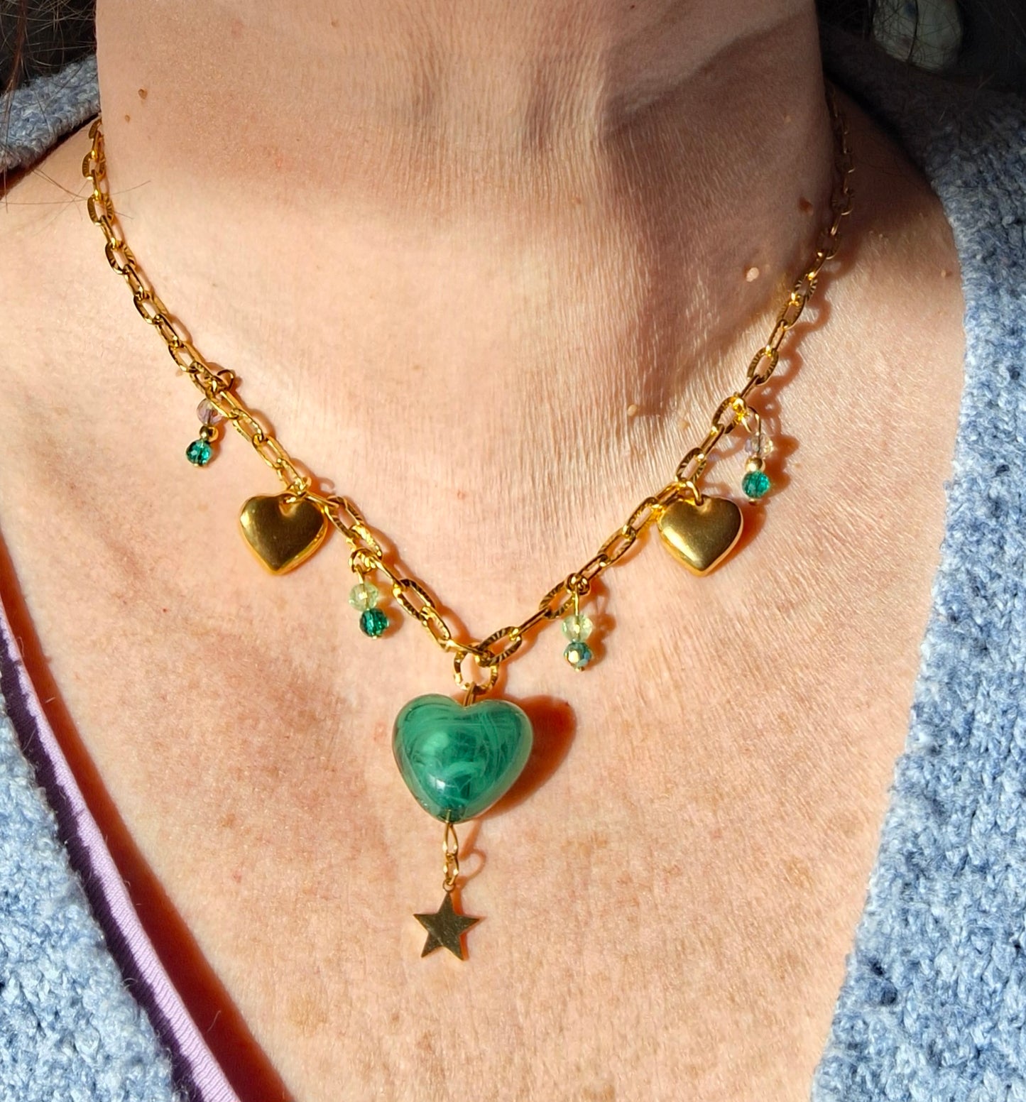 Gold-plated stainless steel chain necklace with 316 handmade charms