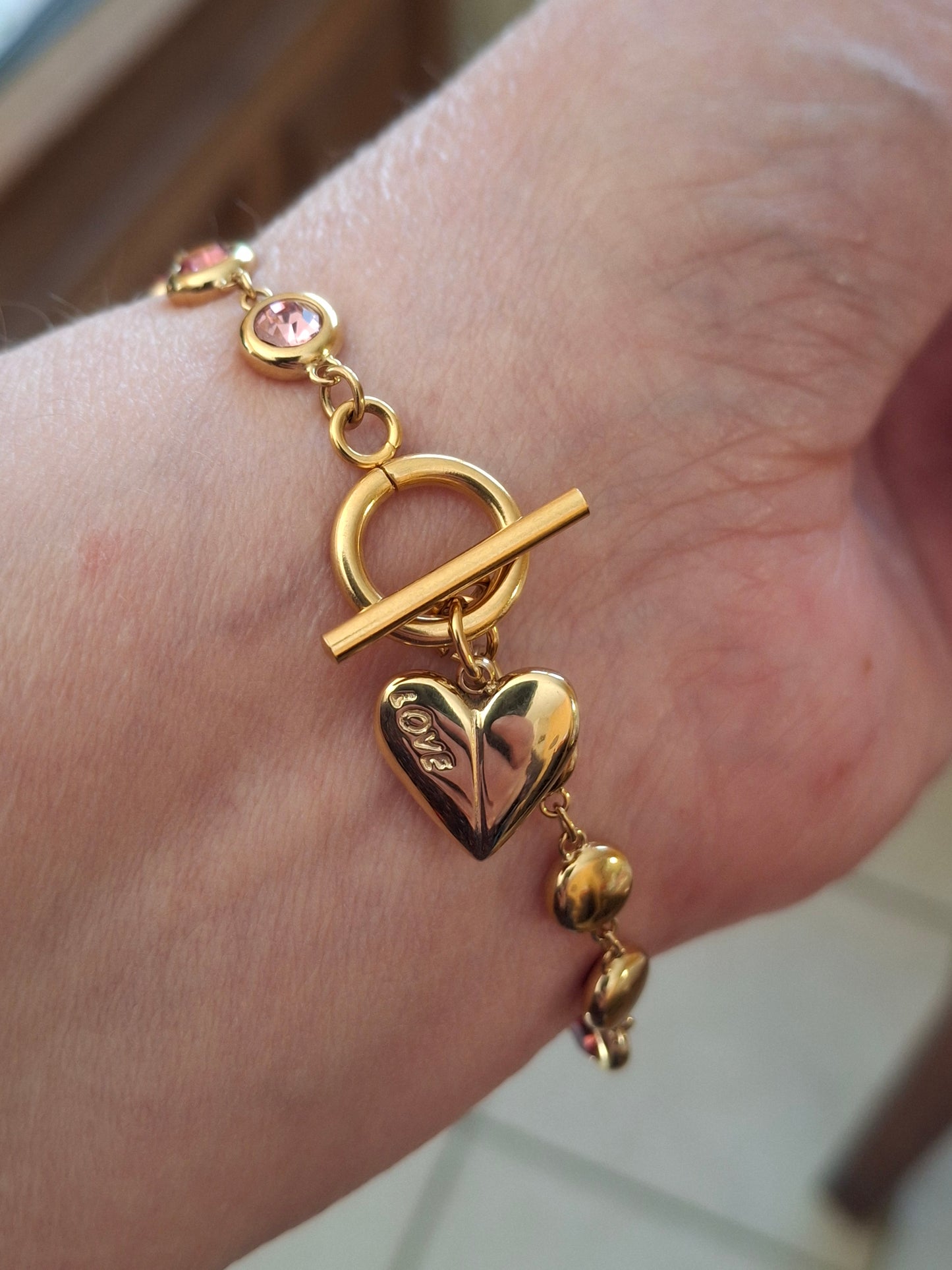 Armband, sehr schöne goldfarbene Kette, Edelstahl 316, mit Kristall besetzt, Knebelverschluss, Herzanhänger, Edelstahl 316