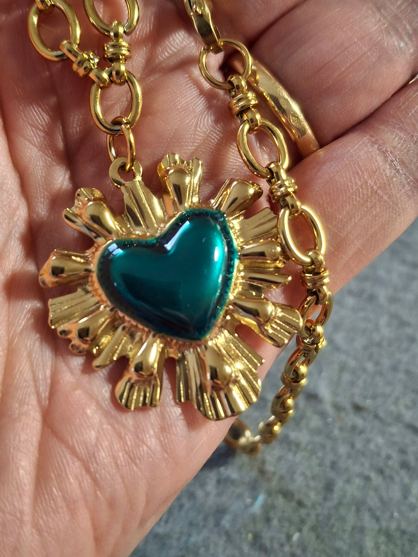 Collier chaîne maille gourmette stainless steel 316 grand cœur rétro stainless steel 316 et email coloré turquoise