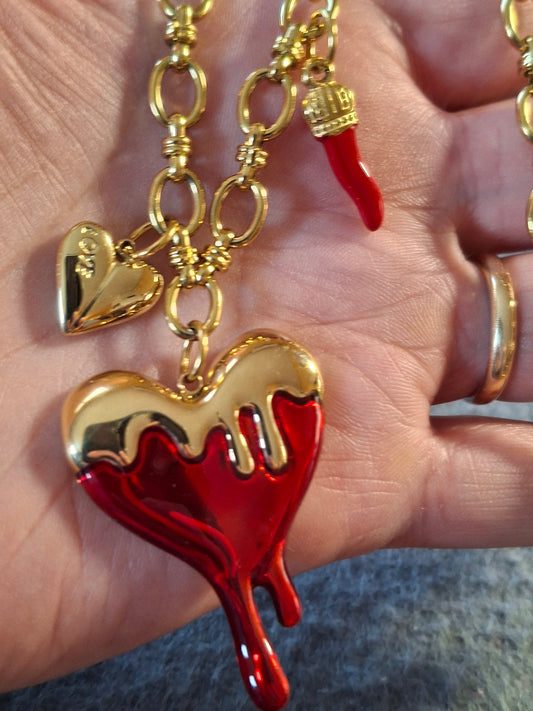 Collier chaîne maille gourmette stainless steel 316 ,grand pendentif coeur stainless steel 316 et breloques stainless steel