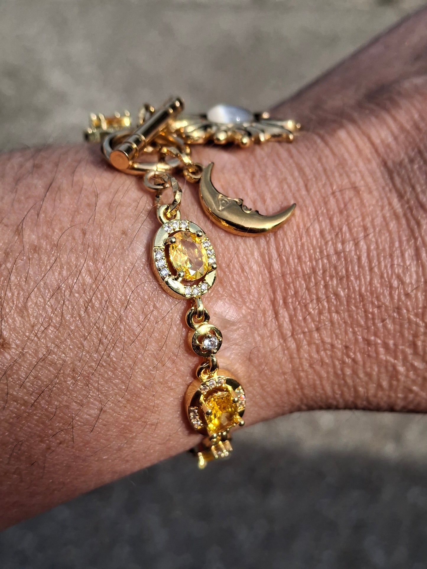 Bracelet chaîne maille gourmette stainless steel serti cristal, soleil et lune stainless steel 316 ,fermoir toggle handmade