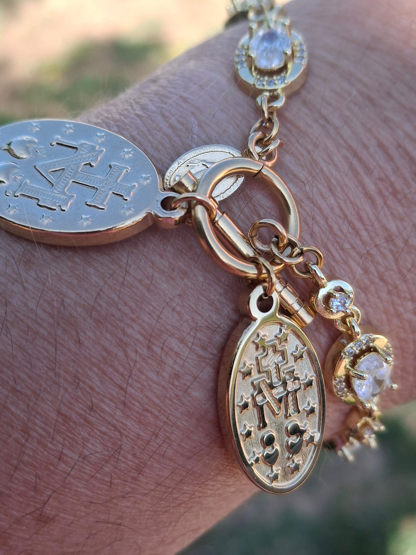 Bracelet maille gourmette stainless steel cristal fermoir toggle médaille madone stainless steel 316 poli handmade