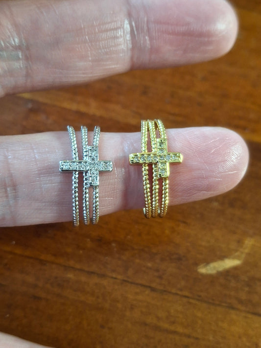 Bague acier inoxydable stainless steel 316 croix sertie zircon réglable ajustable or ou argent