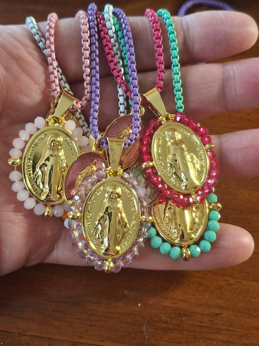 Stainless steel chain necklace, Madonna and Miraculous Virgin pendants