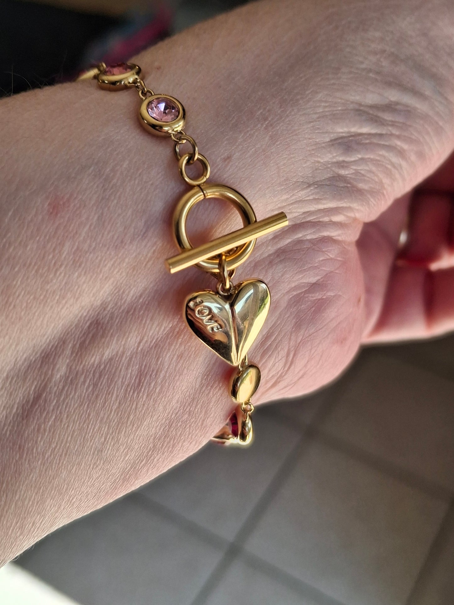 Armband, sehr schöne goldfarbene Kette, Edelstahl 316, mit Kristall besetzt, Knebelverschluss, Herzanhänger, Edelstahl 316