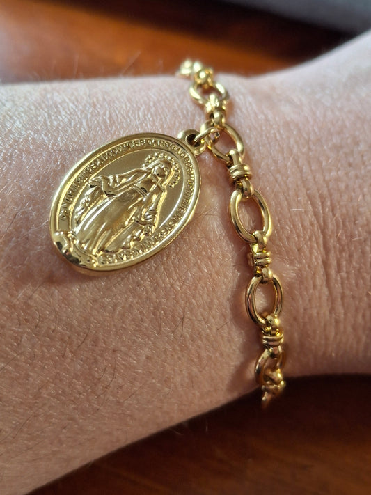 Bracelet chaîne acier inoxydable stainless steel 316 et grande médaille madone stainless steel 316