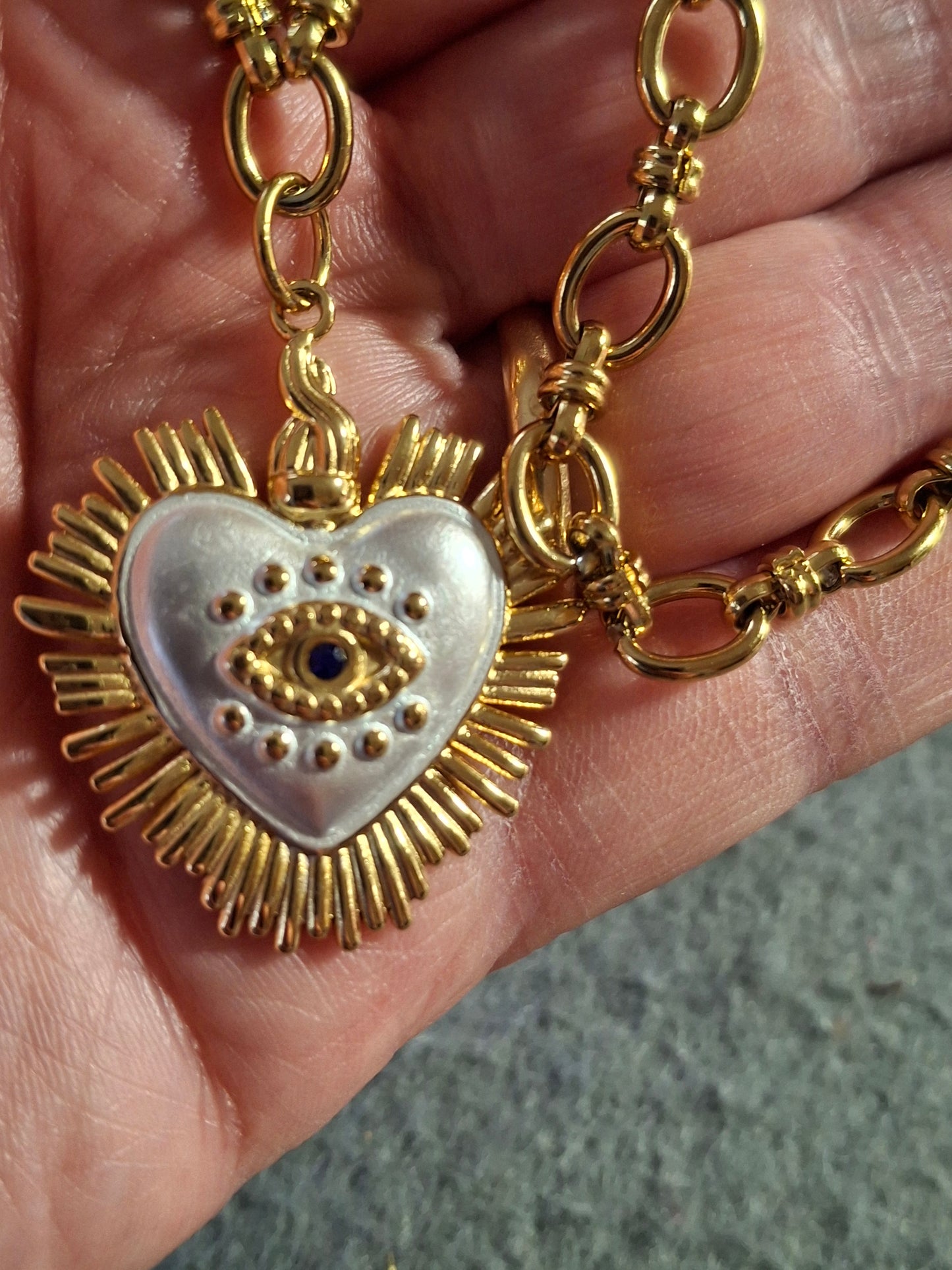 Collier chaîne maille gourmette stainless steel 316 grand cœur rétro stainless steel 316 email blanc œil de Turquie