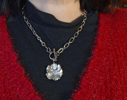 Collier chaîne acier inoxydable stainless steel 316 rhodié maille gourmette pendentif fermoir toggle