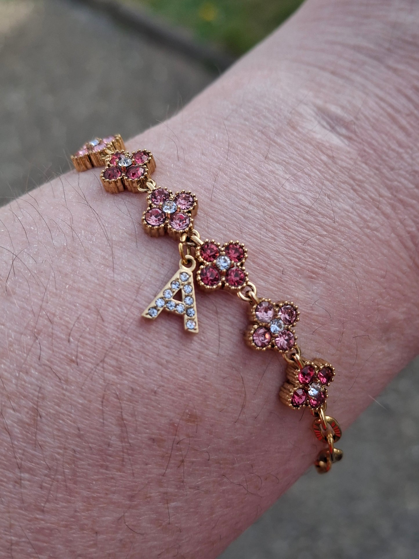 Armband Kette Edelstahl 316 Glieder mit geriffelter Panzerkette und blütenförmiger Kette mit rosafarbenem Kristallbesatz Edelstahl 316 handgefertigt verstellbar