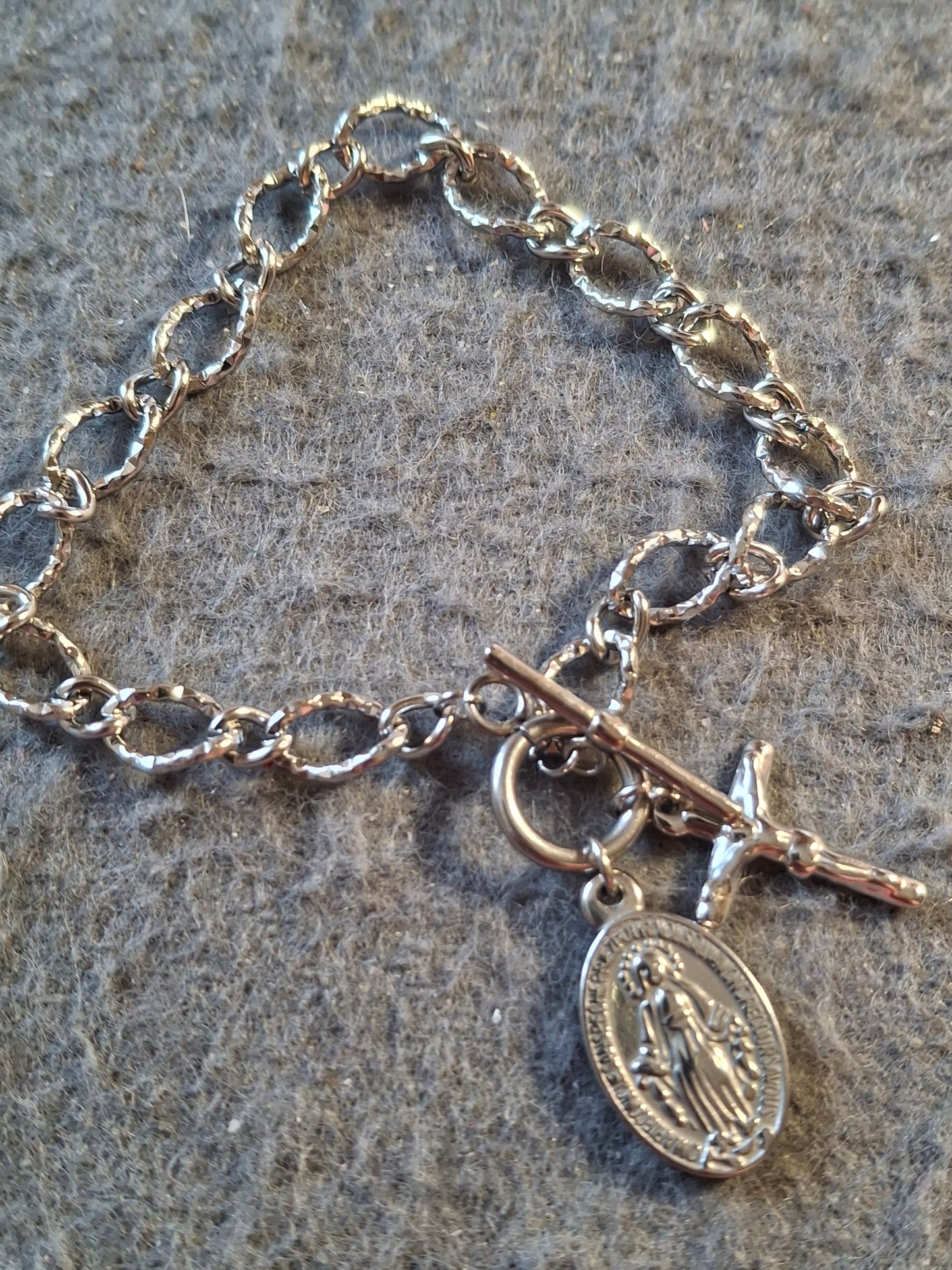 Bracelet maille gourmette stainless steel madone croix stainless steel Fermoir T toggle handmade