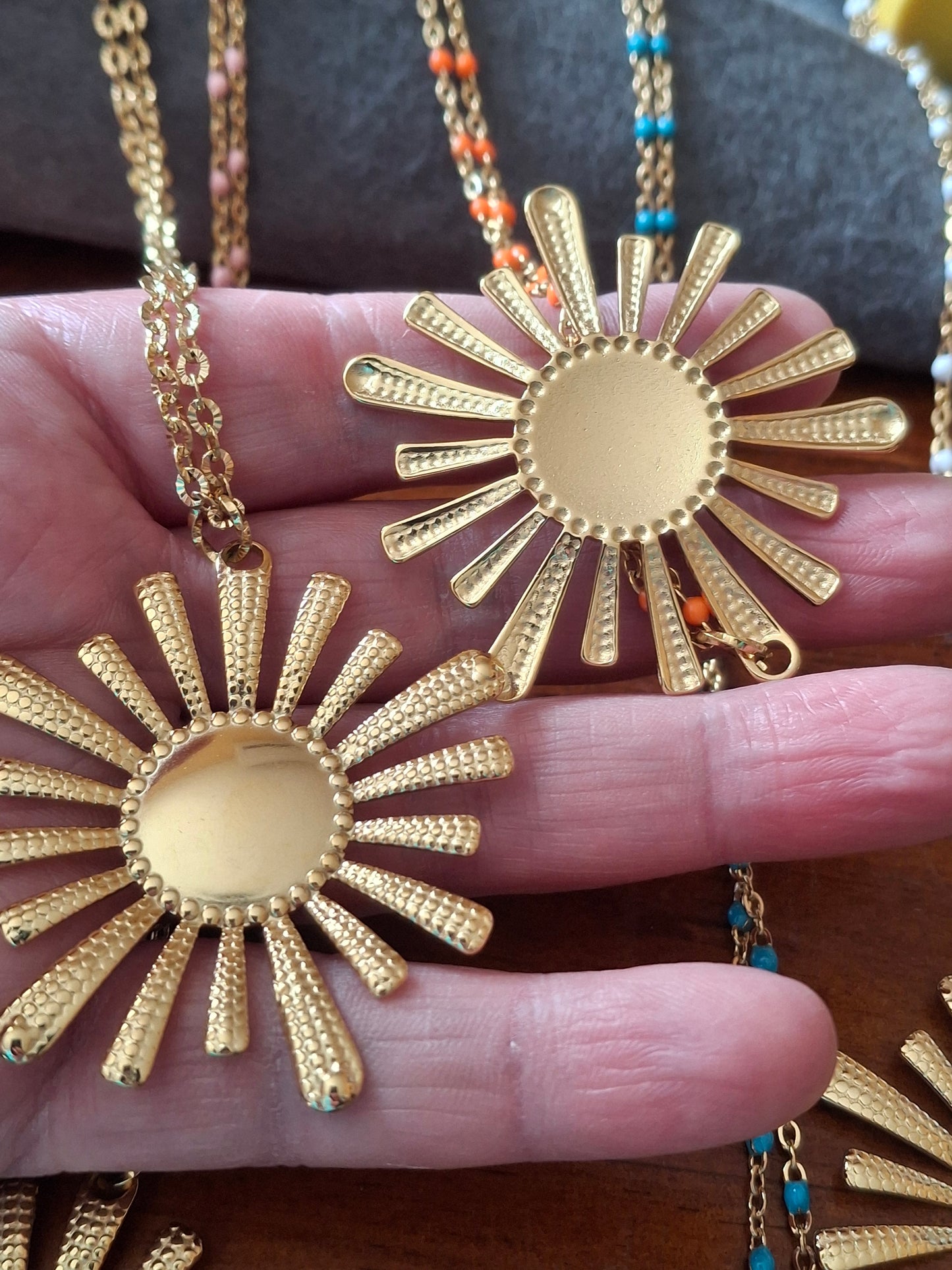 Long necklace with gold stainless steel chain and XXL sun pendant