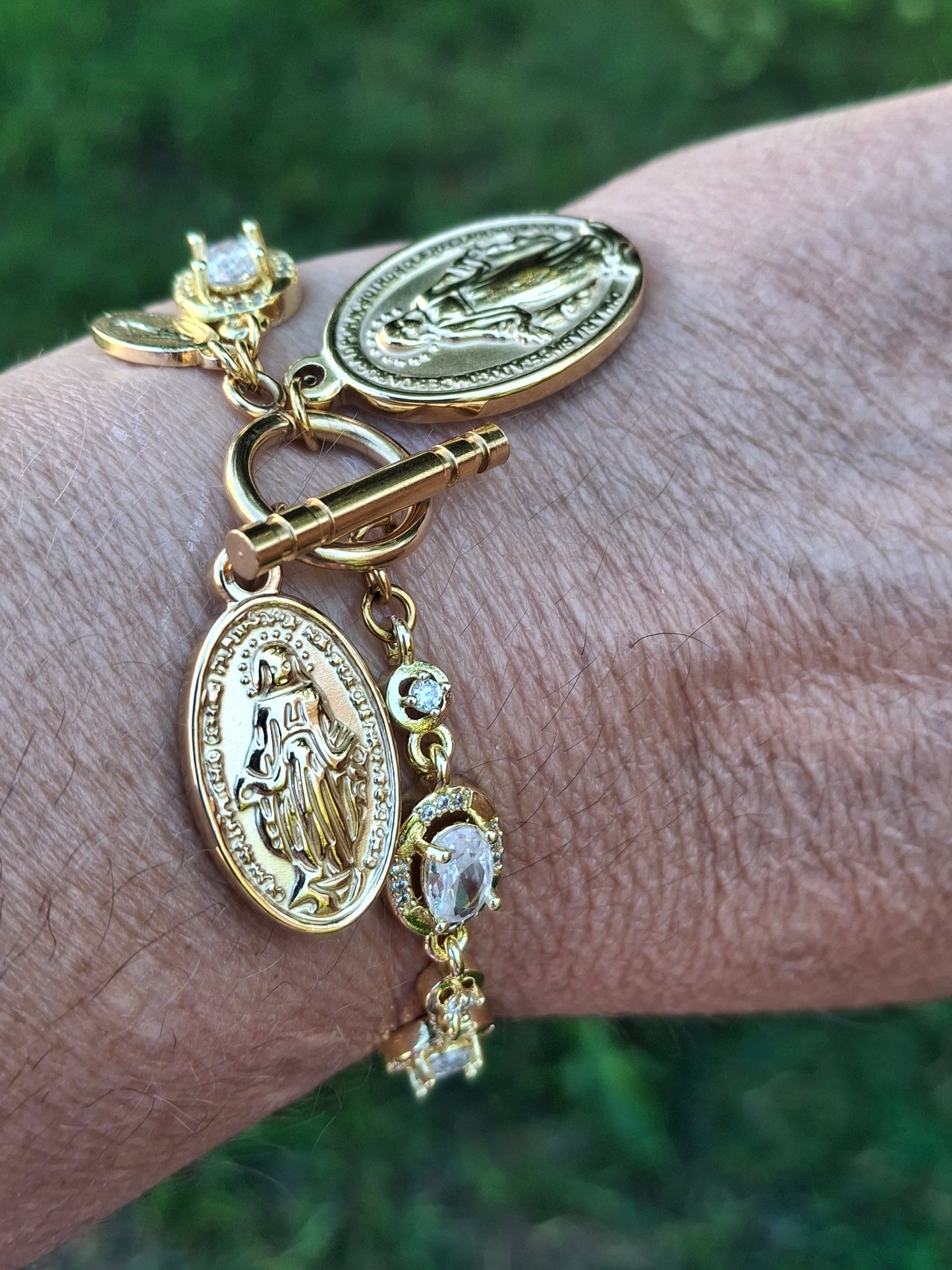 Bracelet maille gourmette stainless steel cristal fermoir toggle médaille madone stainless steel 316 poli handmade