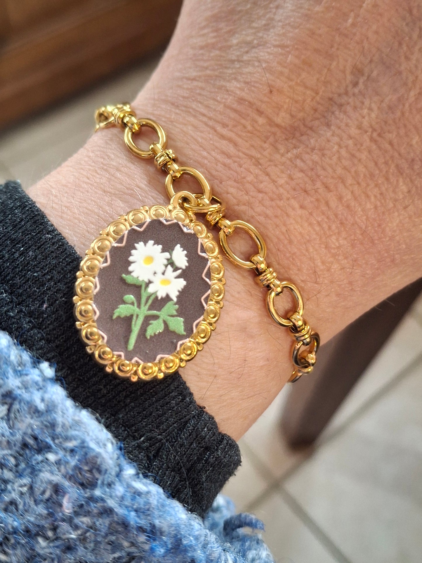 Bracelet maille gourmette acier inoxydable stainless steel 316 et grand pendentif stainless steel 316 style rétro sur mesure