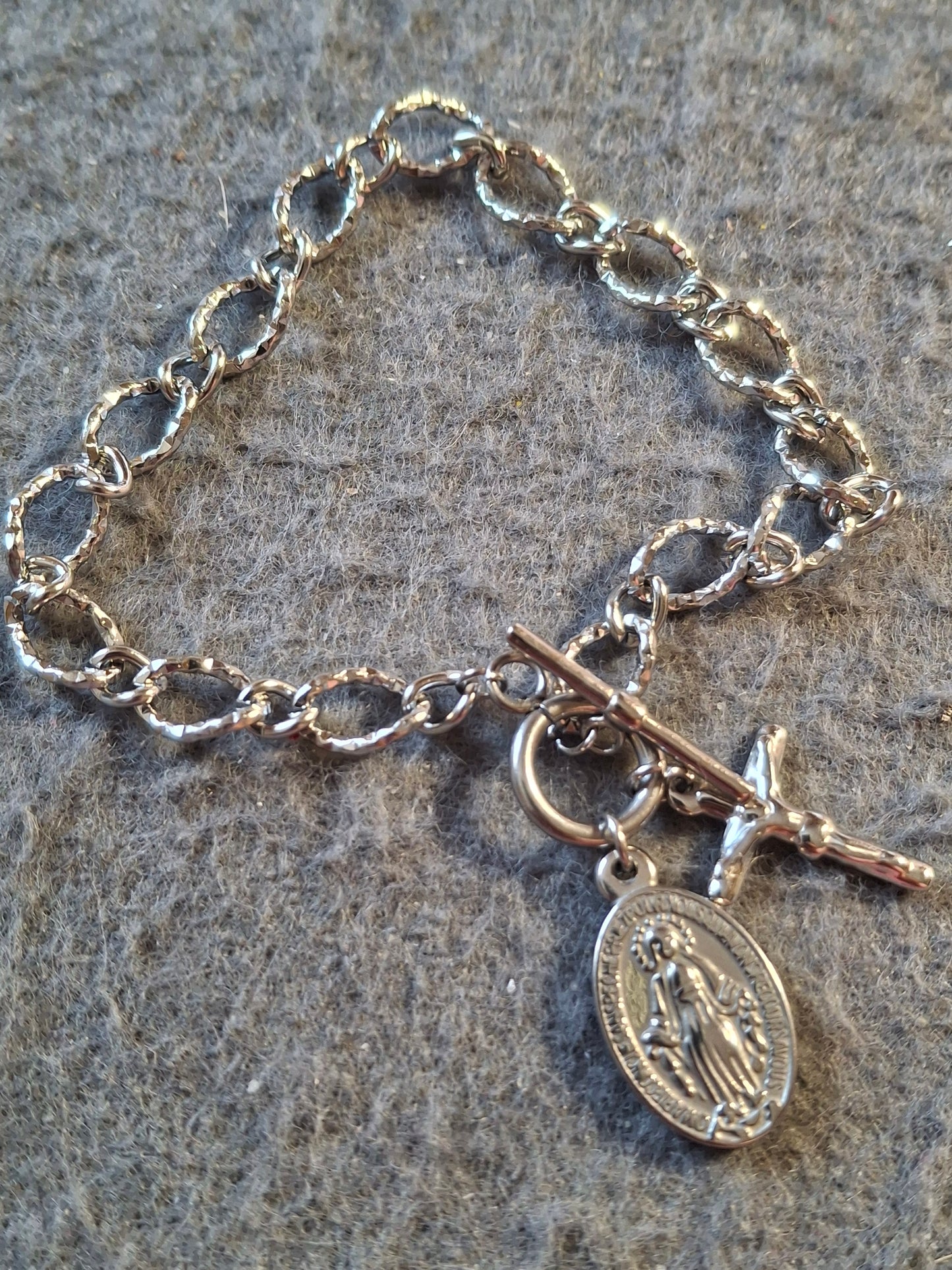 Bracelet maille gourmette stainless steel madone croix stainless steel Fermoir T toggle handmade