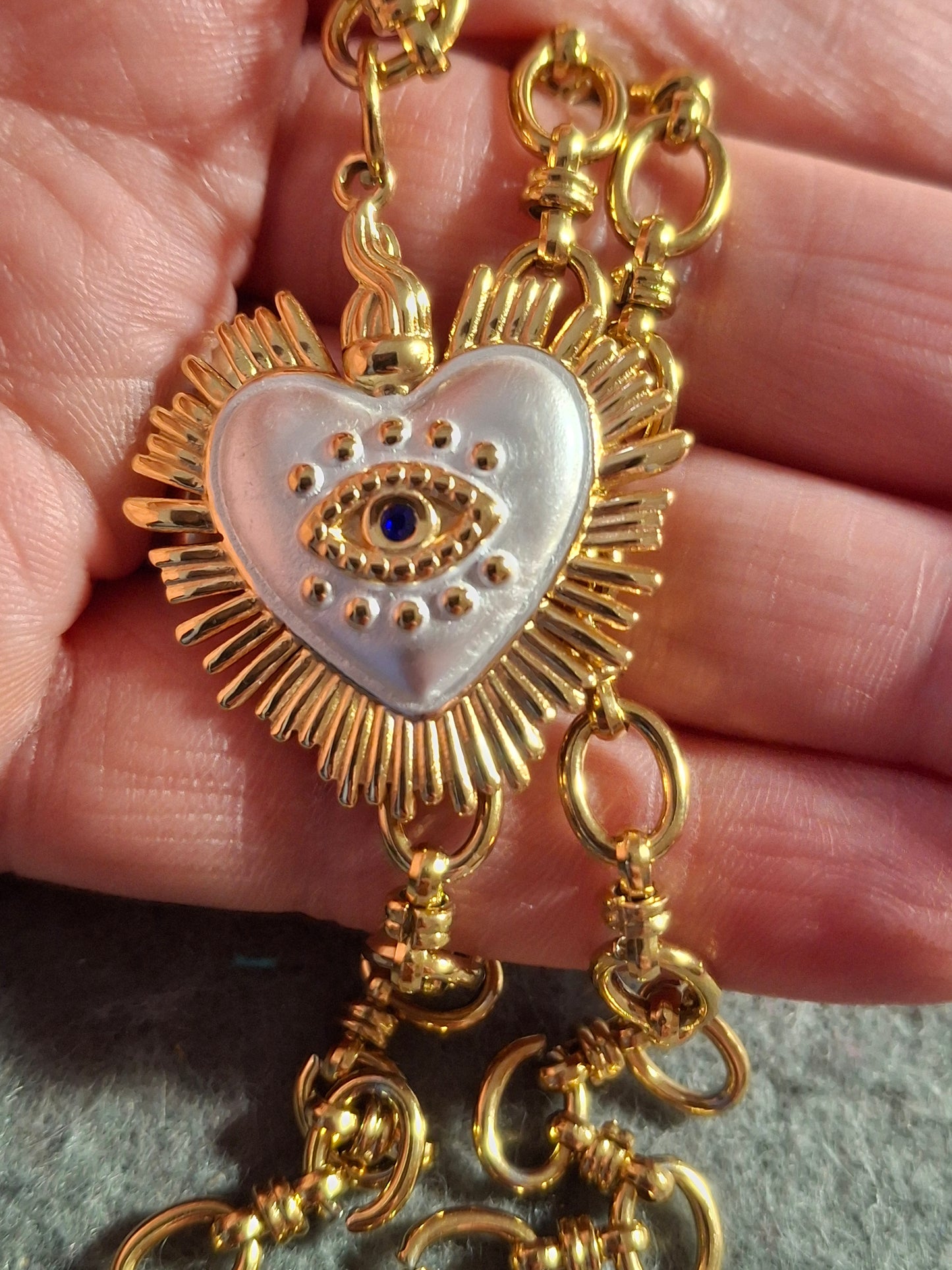 Collier chaîne maille gourmette stainless steel 316 grand cœur rétro stainless steel 316 email blanc œil de Turquie