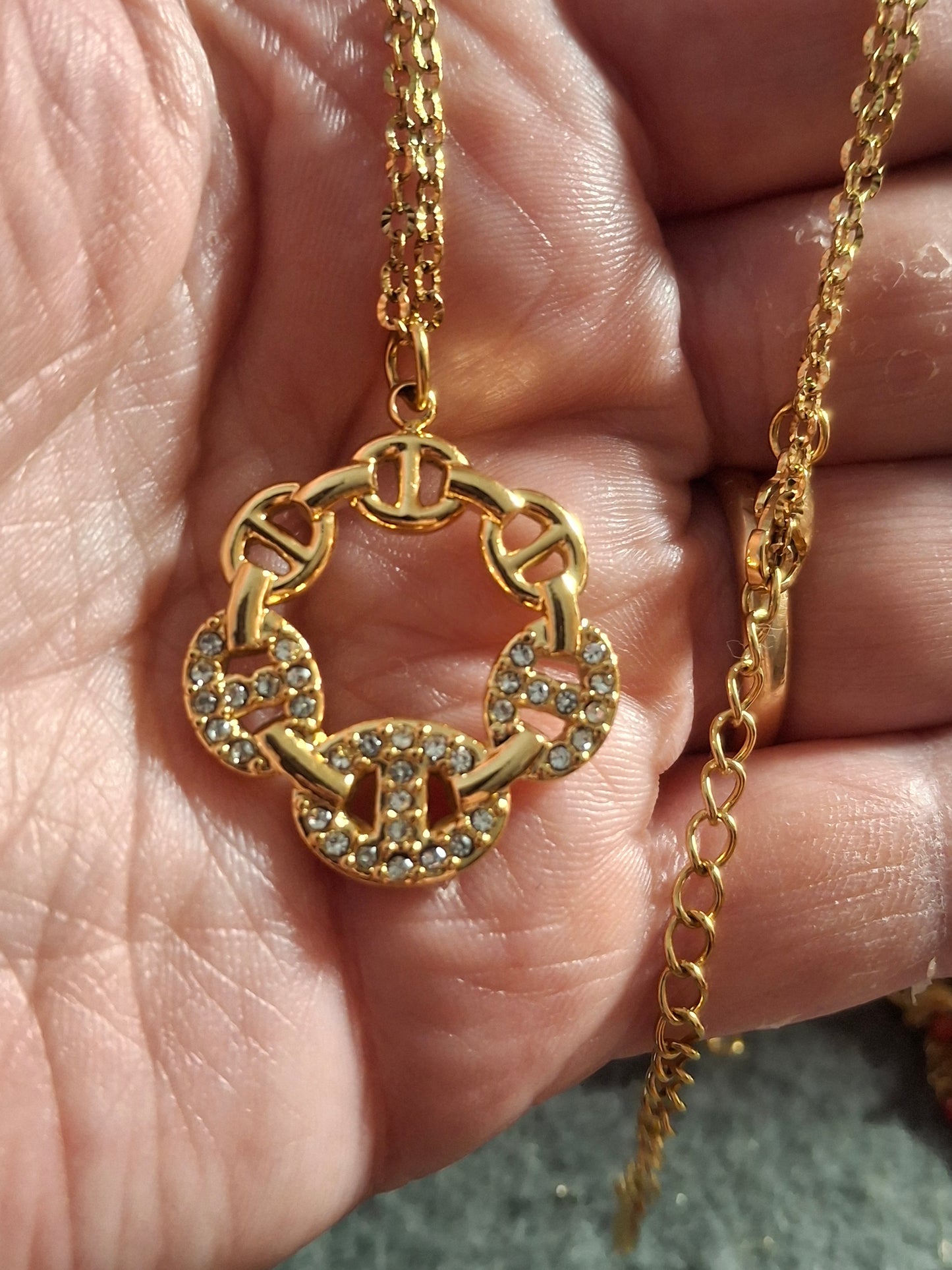 Collier chaîne dorée acier inoxydable stainless steel 316 ,pendentif maille marine serti zirconium stainless steel 316