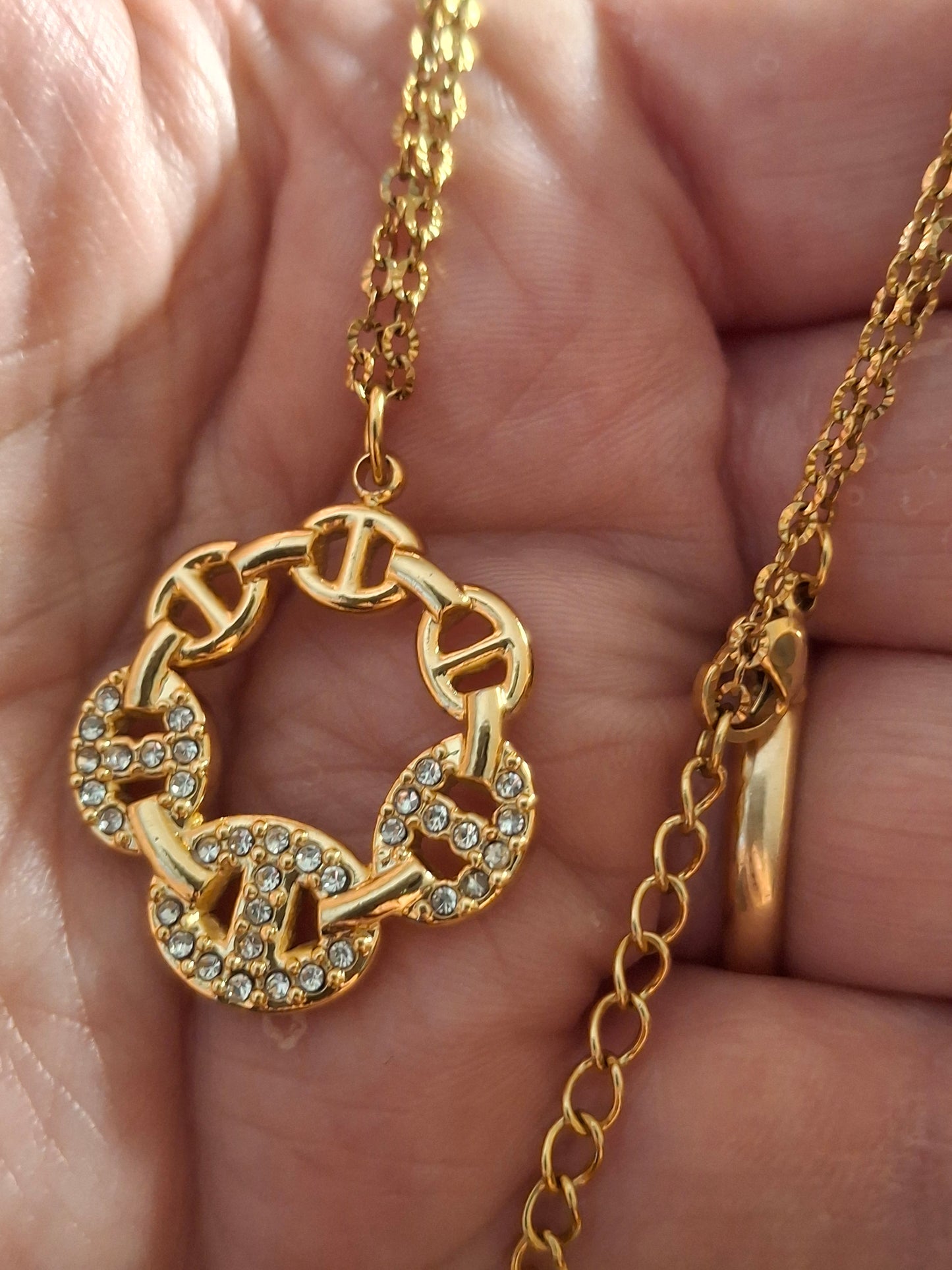 Collier chaîne dorée acier inoxydable stainless steel 316 ,pendentif maille marine serti zirconium stainless steel 316