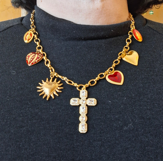 Sautoir chaîne maille gourmette acier inoxydable stainless steel breloques et croix plaqué or 18K handmade réglable