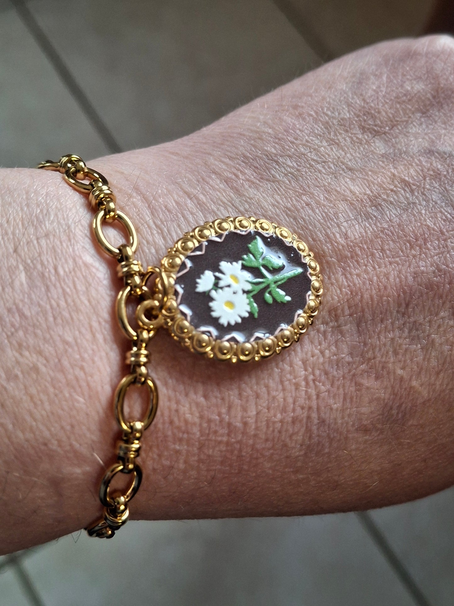 Bracelet maille gourmette acier inoxydable stainless steel 316 et grand pendentif stainless steel 316 style rétro sur mesure