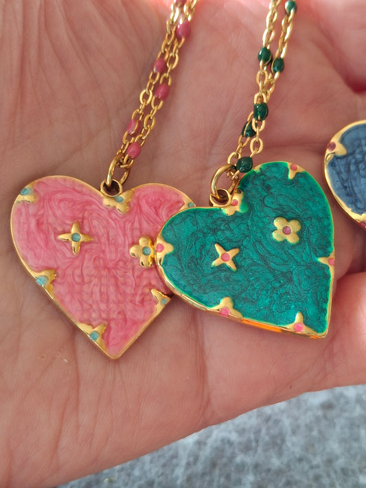 Necklace with gold-colored stainless steel chain and colored enamel beads, large 316 stainless steel heart pendant with enamel.