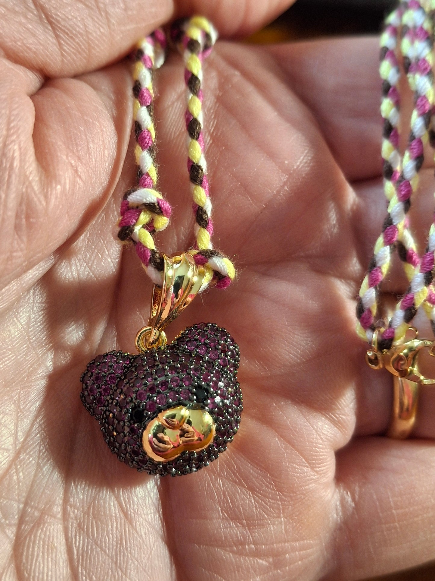 Collier cordon tressé réglable ajustable ourson plaqué or 18K serti zirconium AAA handmade