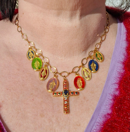 Collier chaîne dorée acier inoxydable stainless steel croix bohème et breloques handmade réglable ajustable