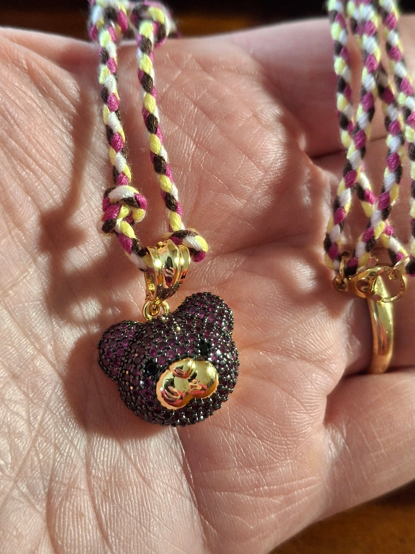 Collier cordon tressé réglable ajustable ourson plaqué or 18K serti zirconium AAA handmade