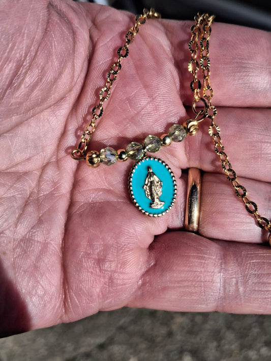 316 stainless steel Madonna chain necklace with turquoise and crystal beads