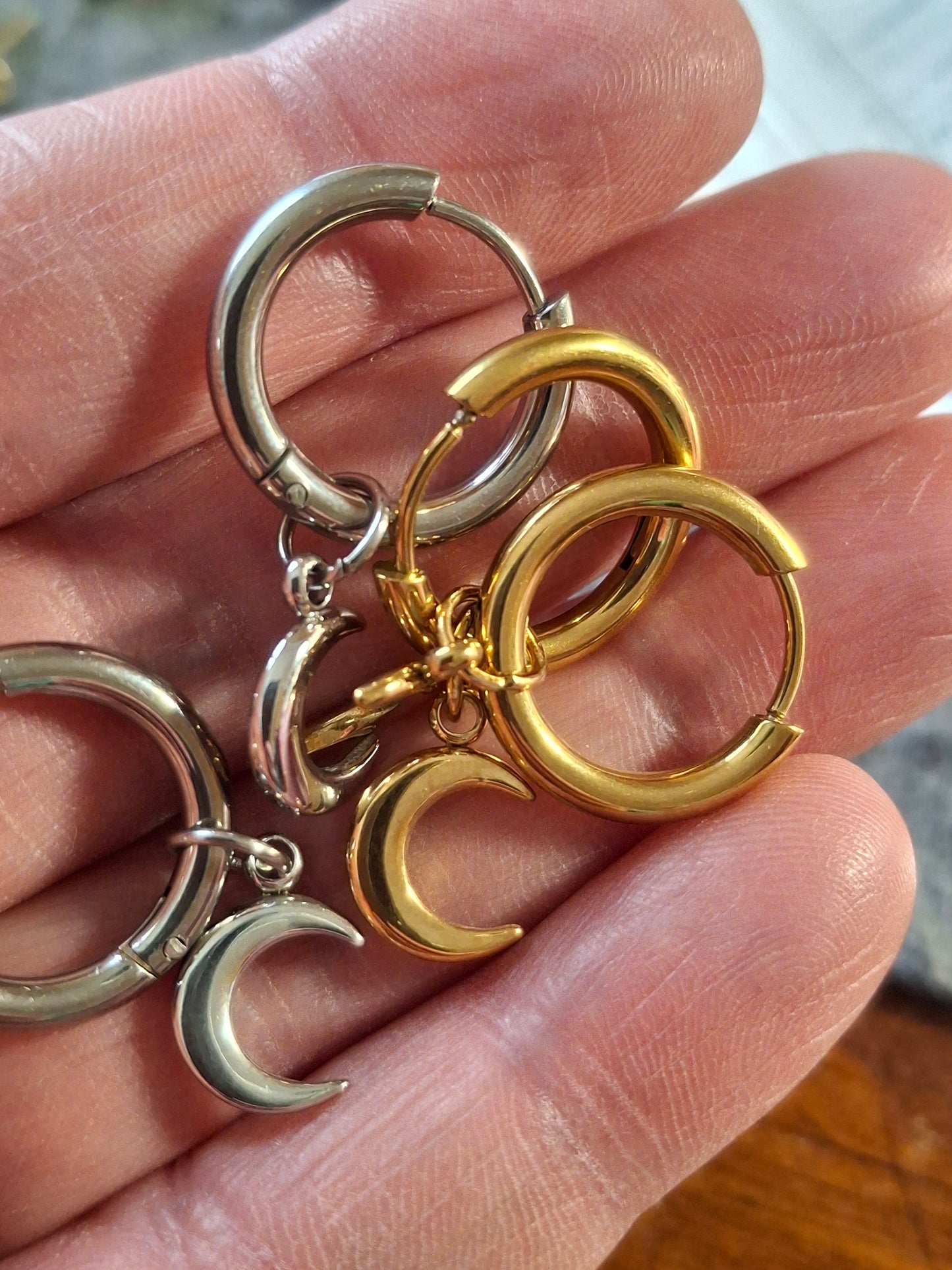 Stainless steel 316 single hoop earrings with moon pendant, sold as a pair