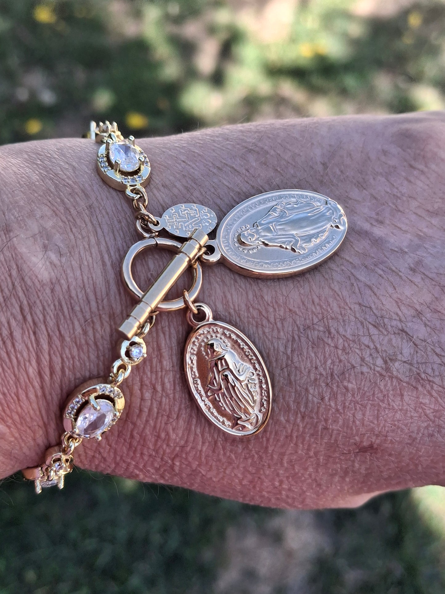 Bracelet maille gourmette stainless steel cristal fermoir toggle médaille madone stainless steel 316 poli handmade