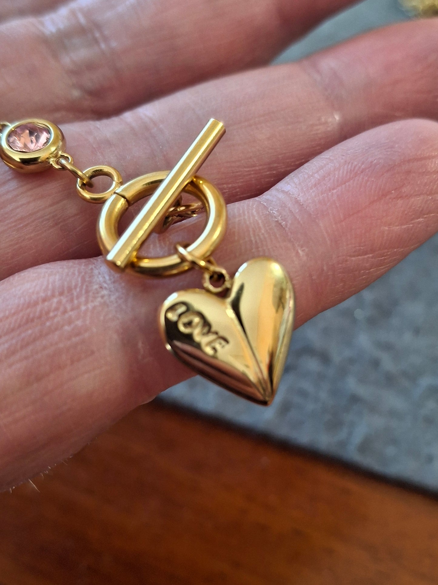 Armband, sehr schöne goldfarbene Kette, Edelstahl 316, mit Kristall besetzt, Knebelverschluss, Herzanhänger, Edelstahl 316