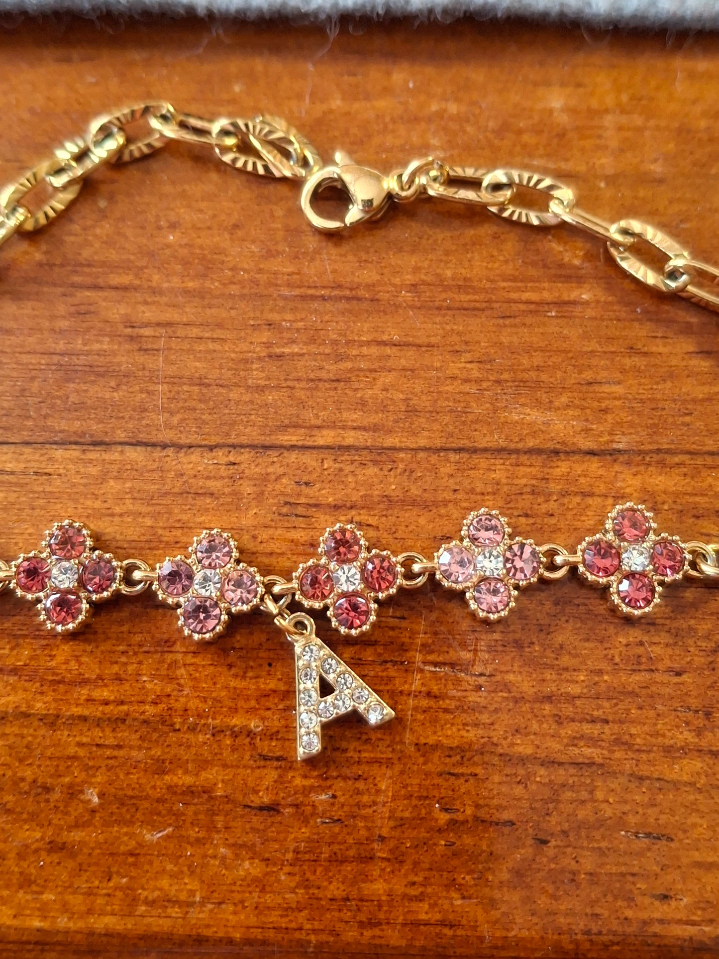 Armband Kette Edelstahl 316 Glieder mit geriffelter Panzerkette und blütenförmiger Kette mit rosafarbenem Kristallbesatz Edelstahl 316 handgefertigt verstellbar