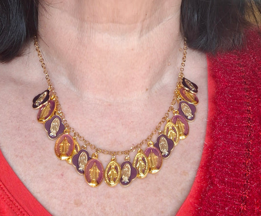 Collier chaîne rolo acier inoxydable stainless steel plaqué or et breloques madone handmade