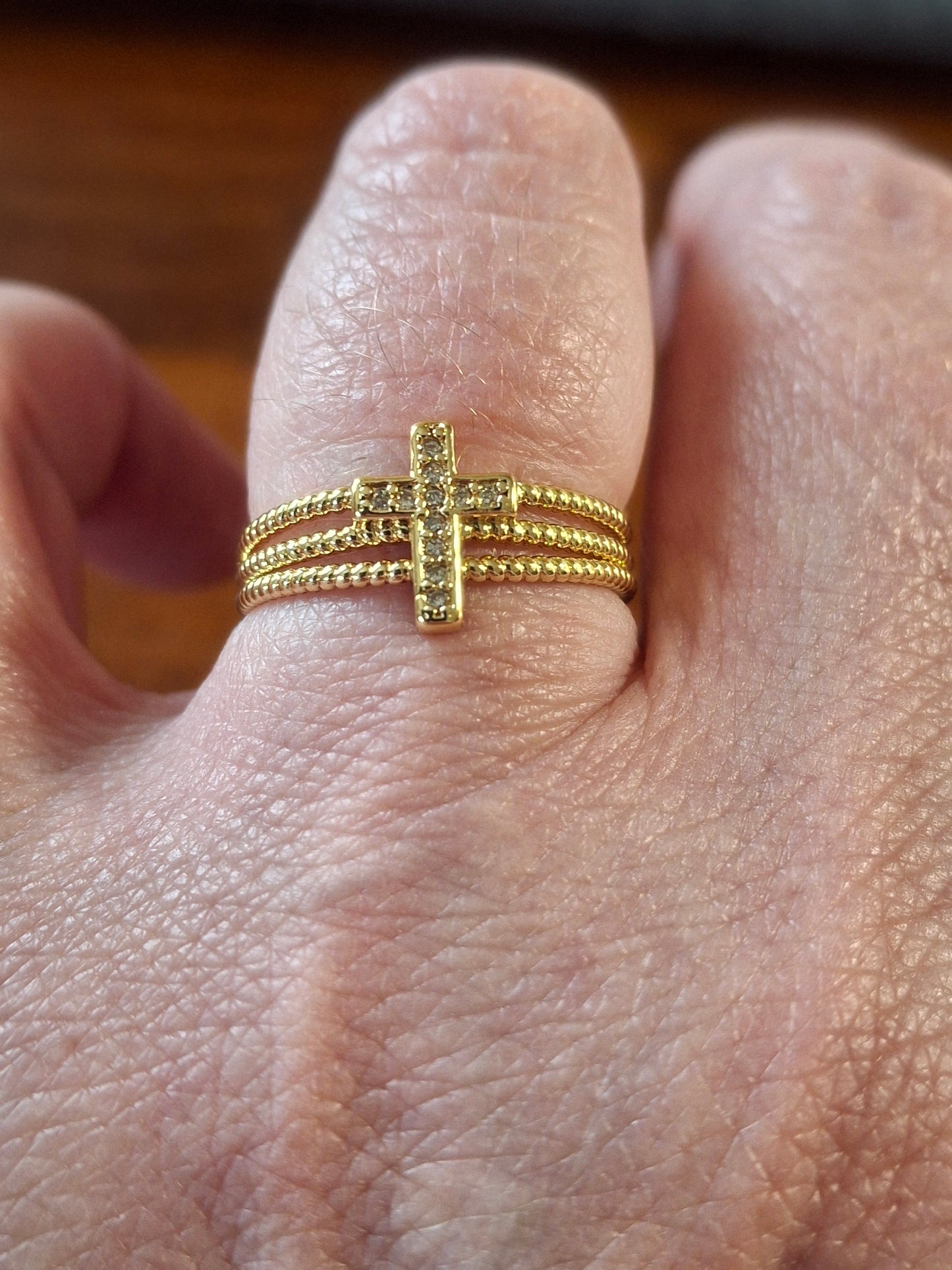 Bague acier inoxydable stainless steel 316 croix sertie zircon réglable ajustable or ou argent