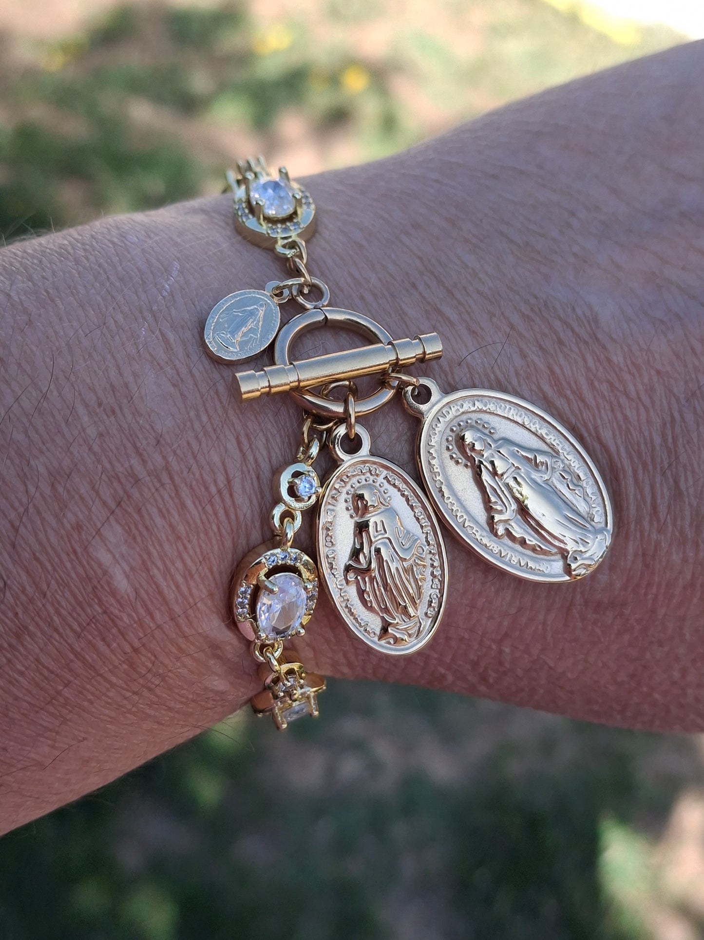 Bracelet maille gourmette stainless steel cristal fermoir toggle médaille madone stainless steel 316 poli handmade
