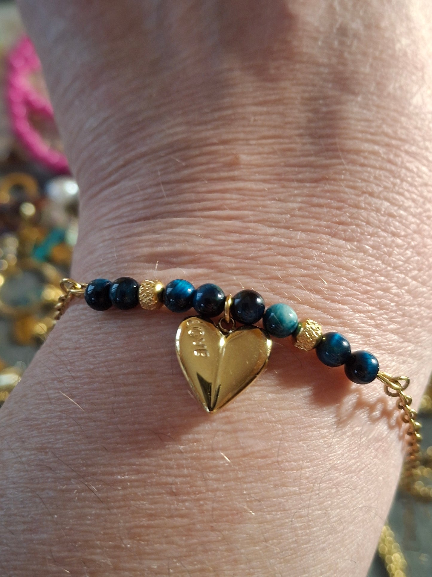 Bracelet chaîne acier inoxydable stainless steel 316 ,perles œil du tigre bleu handmade sur mesure