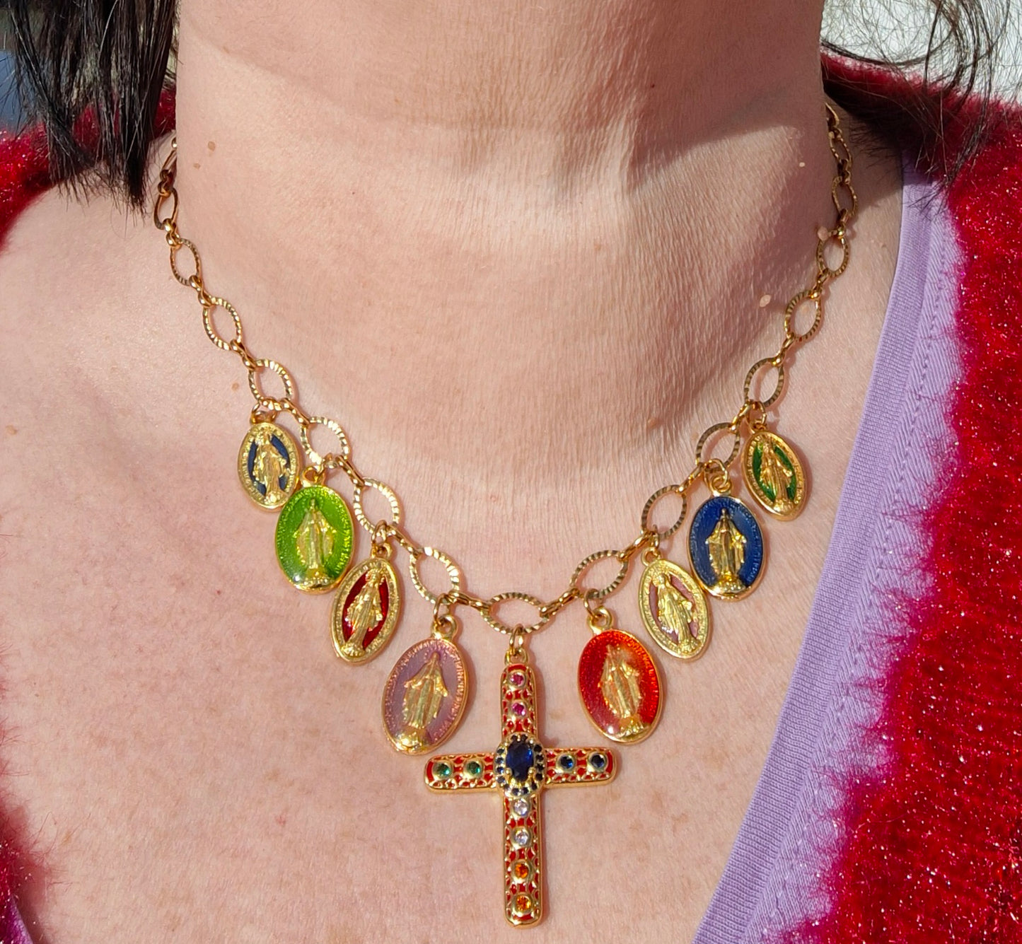 Collier chaîne dorée acier inoxydable stainless steel croix bohème et breloques handmade réglable ajustable