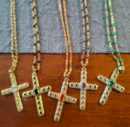 Stainless steel gold chain necklace and 18K gold-plated bohemian cross pendant.