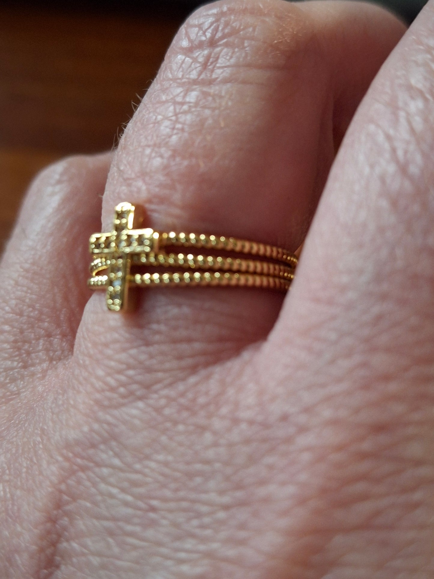 Bague acier inoxydable stainless steel 316 croix sertie zircon réglable ajustable or ou argent