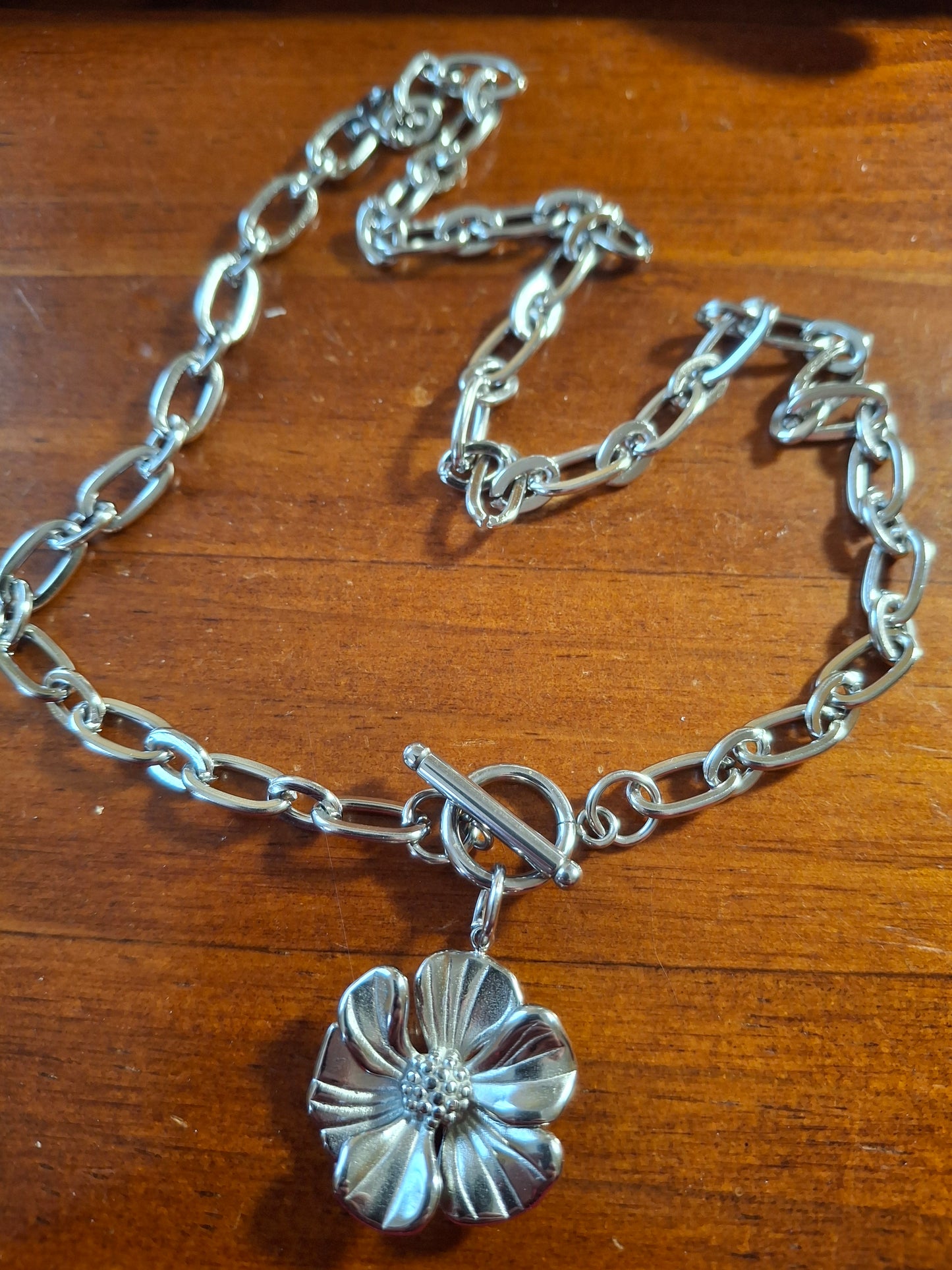 Collier chaîne acier inoxydable stainless steel 316 rhodié maille gourmette pendentif fermoir toggle