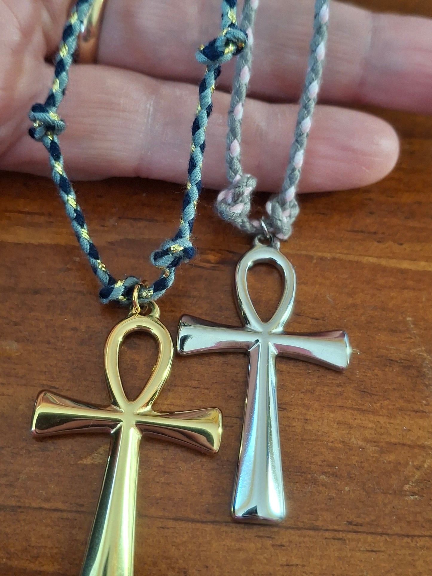 Collier cordon tressé réglable ajustable handmade Pendentif croix ANKH stainless steel 316 poli