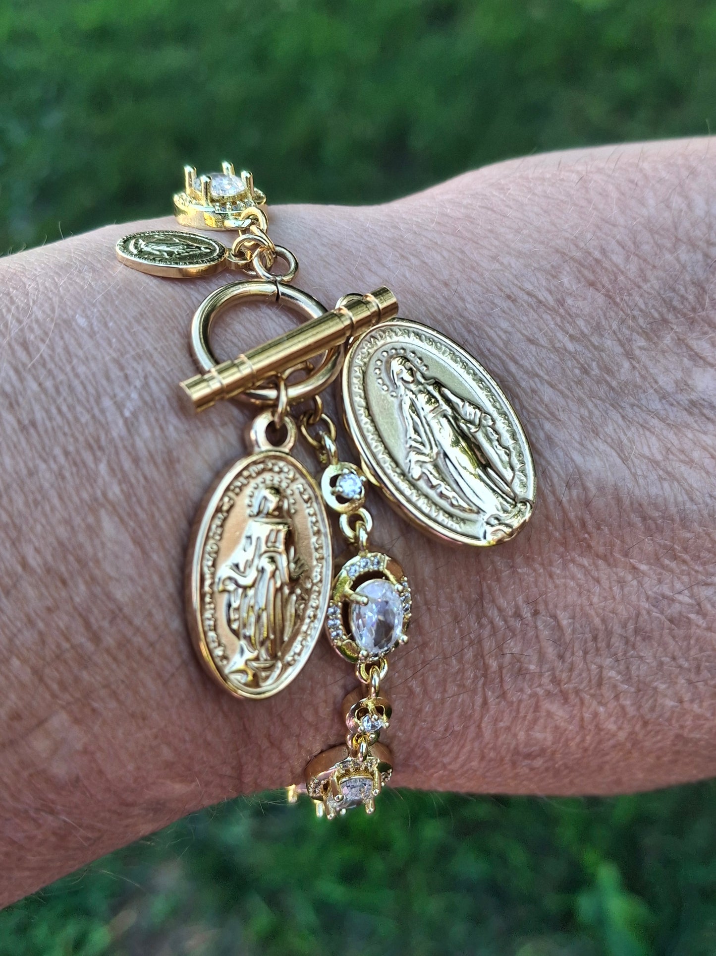 Bracelet maille gourmette stainless steel cristal fermoir toggle médaille madone stainless steel 316 poli handmade