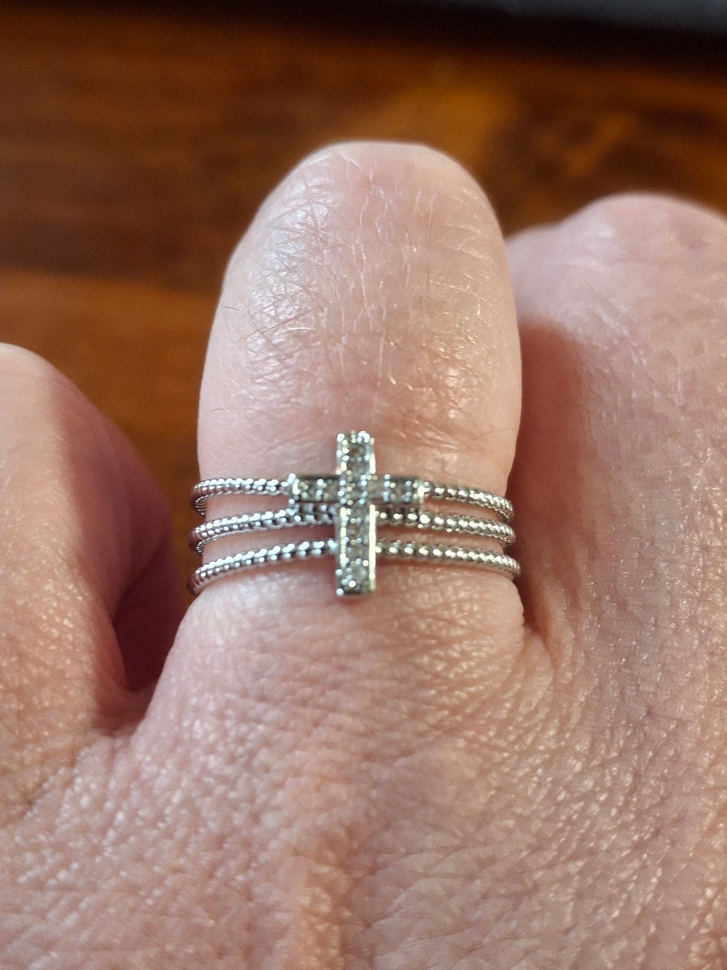 Bague acier inoxydable stainless steel 316 croix sertie zircon réglable ajustable or ou argent