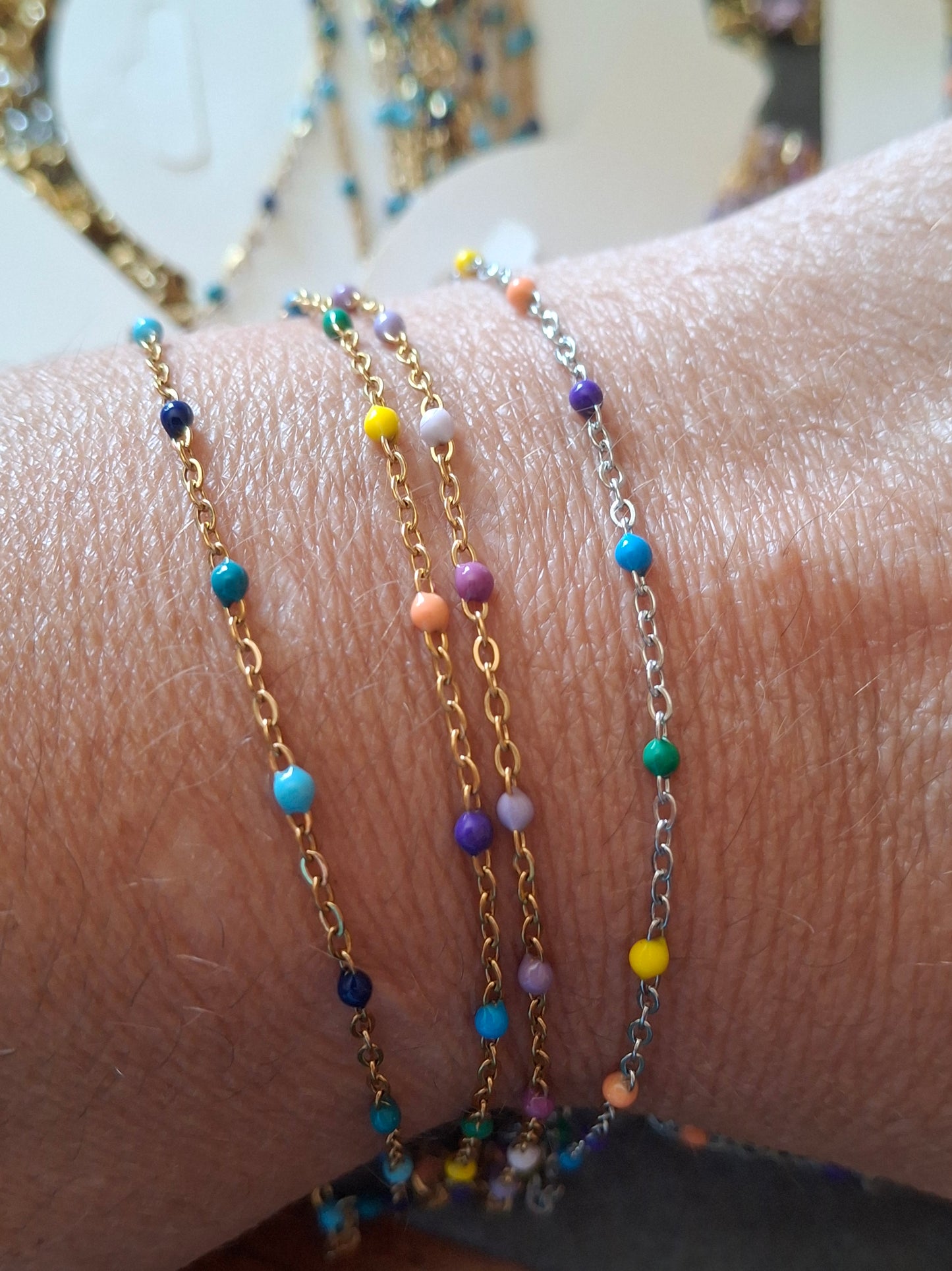 Bracelet chaîne acier inoxydable stainless steel 316 et perles en email coloré longueur sur mesure