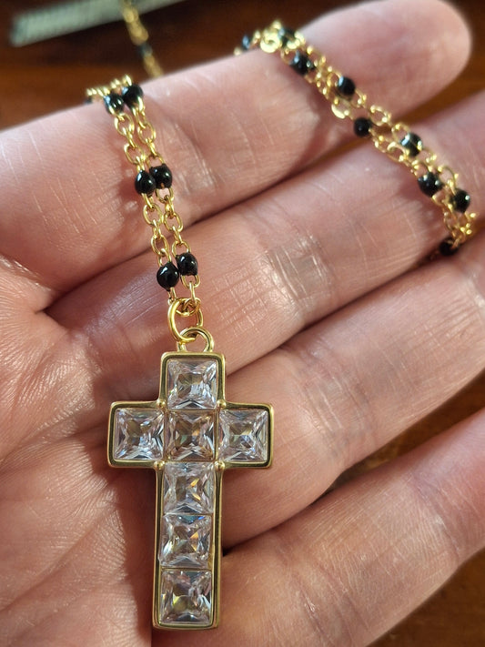 Stainless steel chain necklace with 316 stainless steel cross and crystal