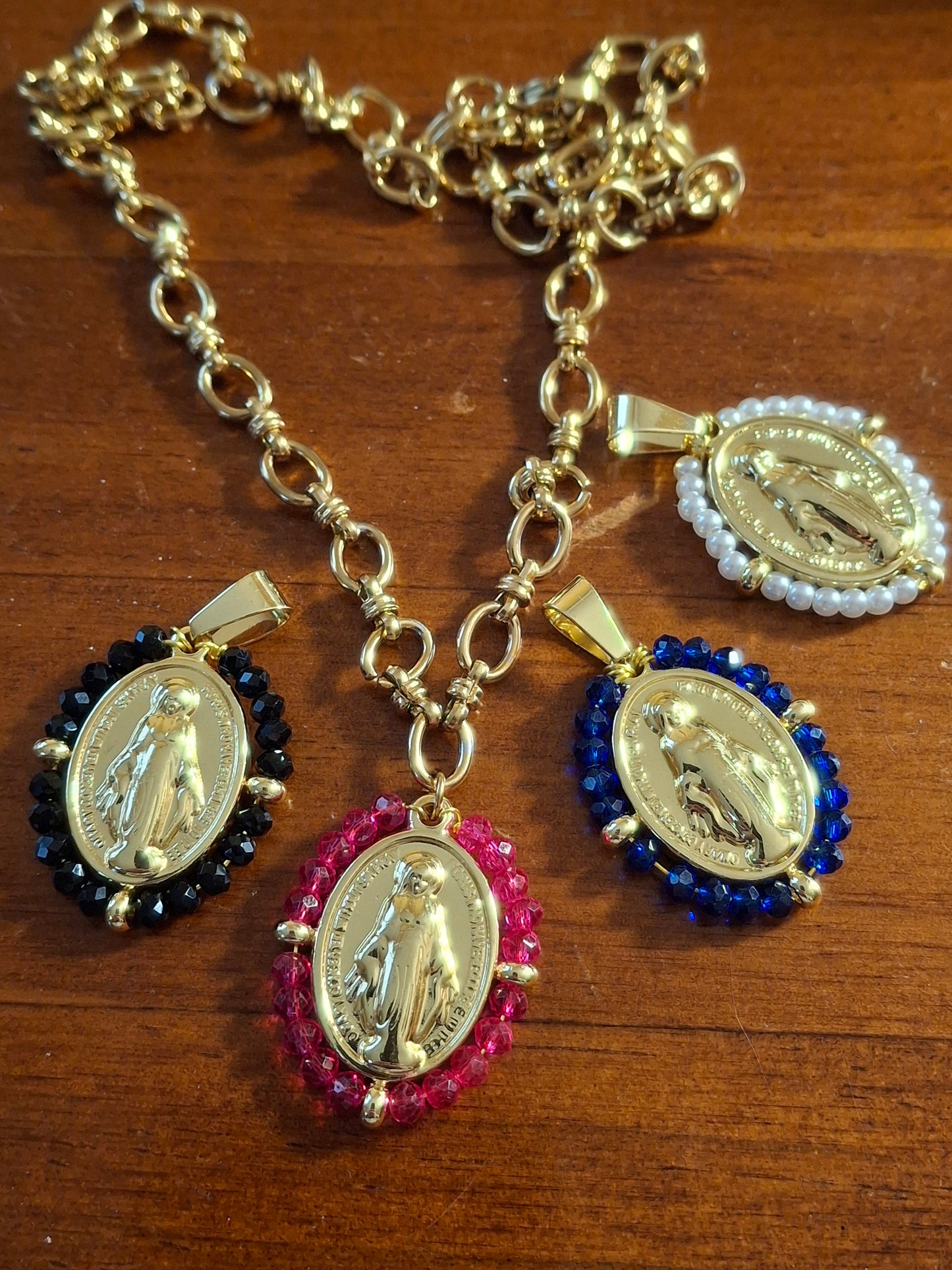 Stainless steel 316 chain necklace with a stainless steel Madonna medallion and faceted crystal beads