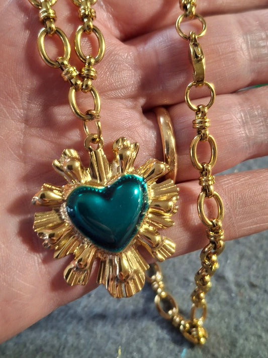 Collier chaîne maille gourmette stainless steel 316 grand cœur rétro stainless steel 316 et email coloré turquoise